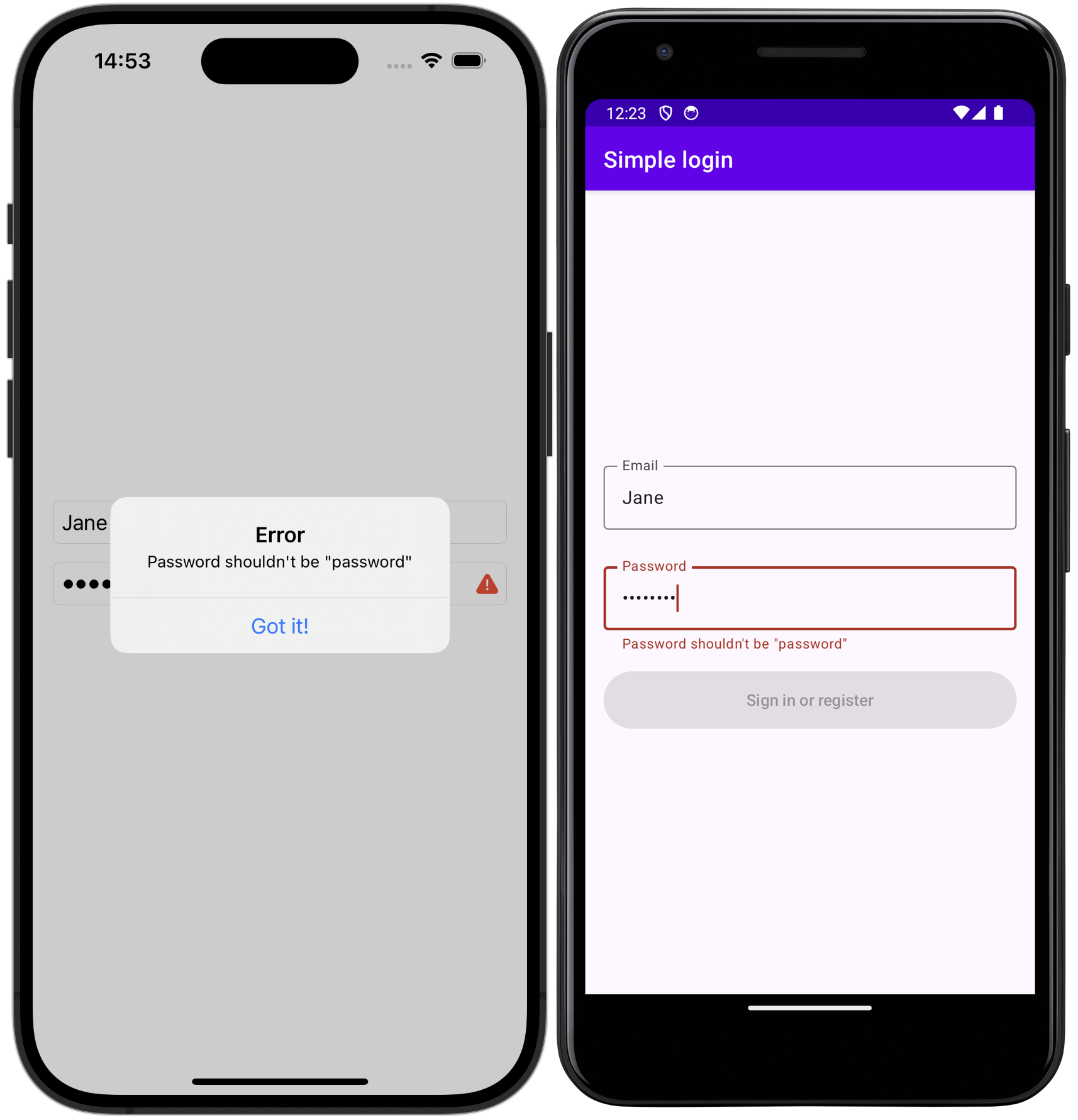 Android and iOS applications password error
