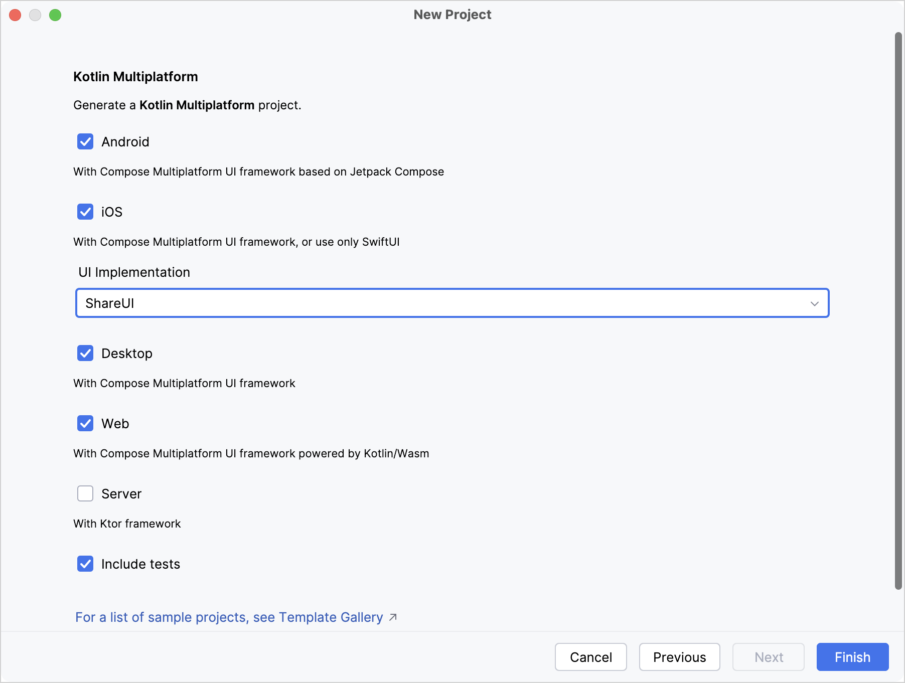 Android Studio 向导的最后一步，选择了 Android、iOS、桌面和 Web 平台