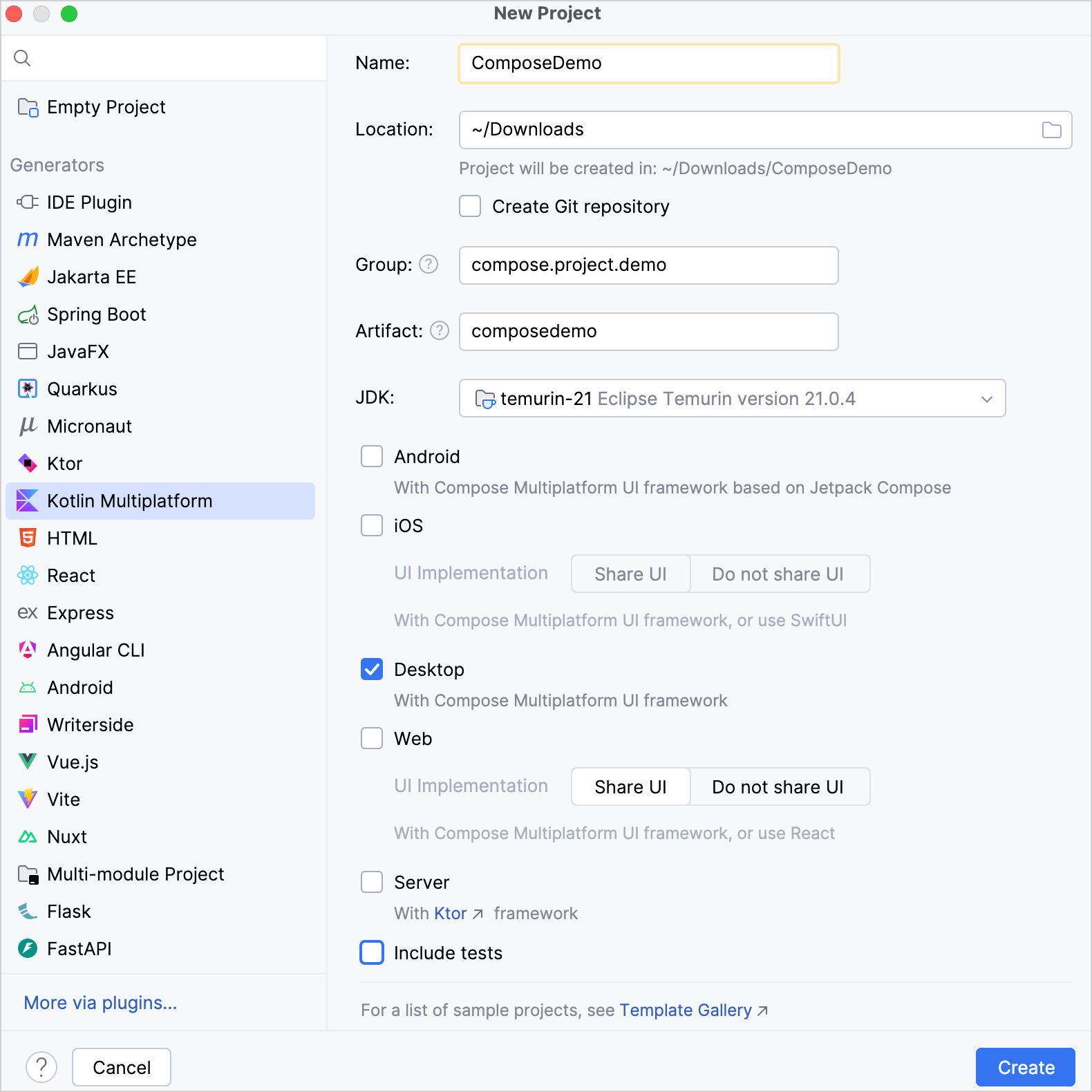 创建包含 desktop 目标平台的多平台项目