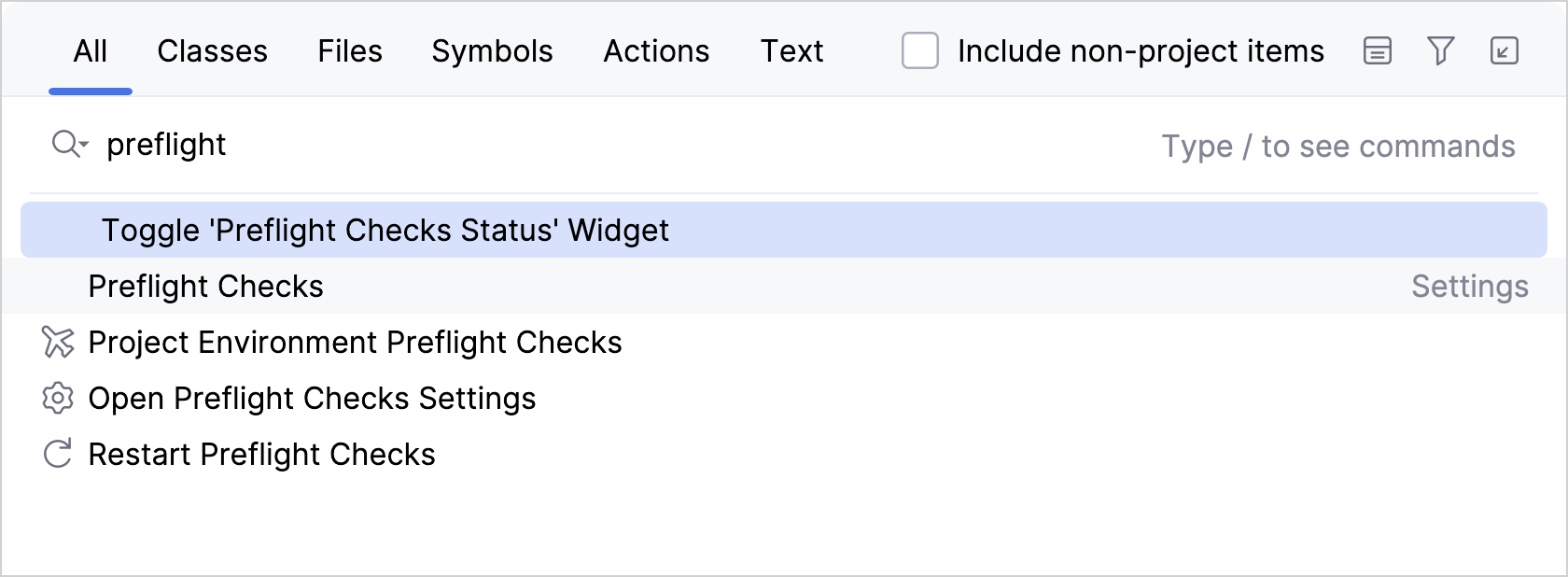 Search Everywhere 菜单，输入了“preflight”一词