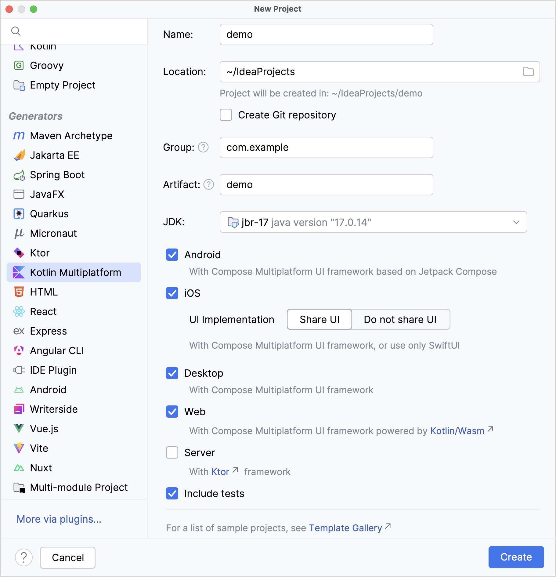 IntelliJ IDEA 向导，包含默认设置并选择了 Android、iOS、桌面和 Web 平台