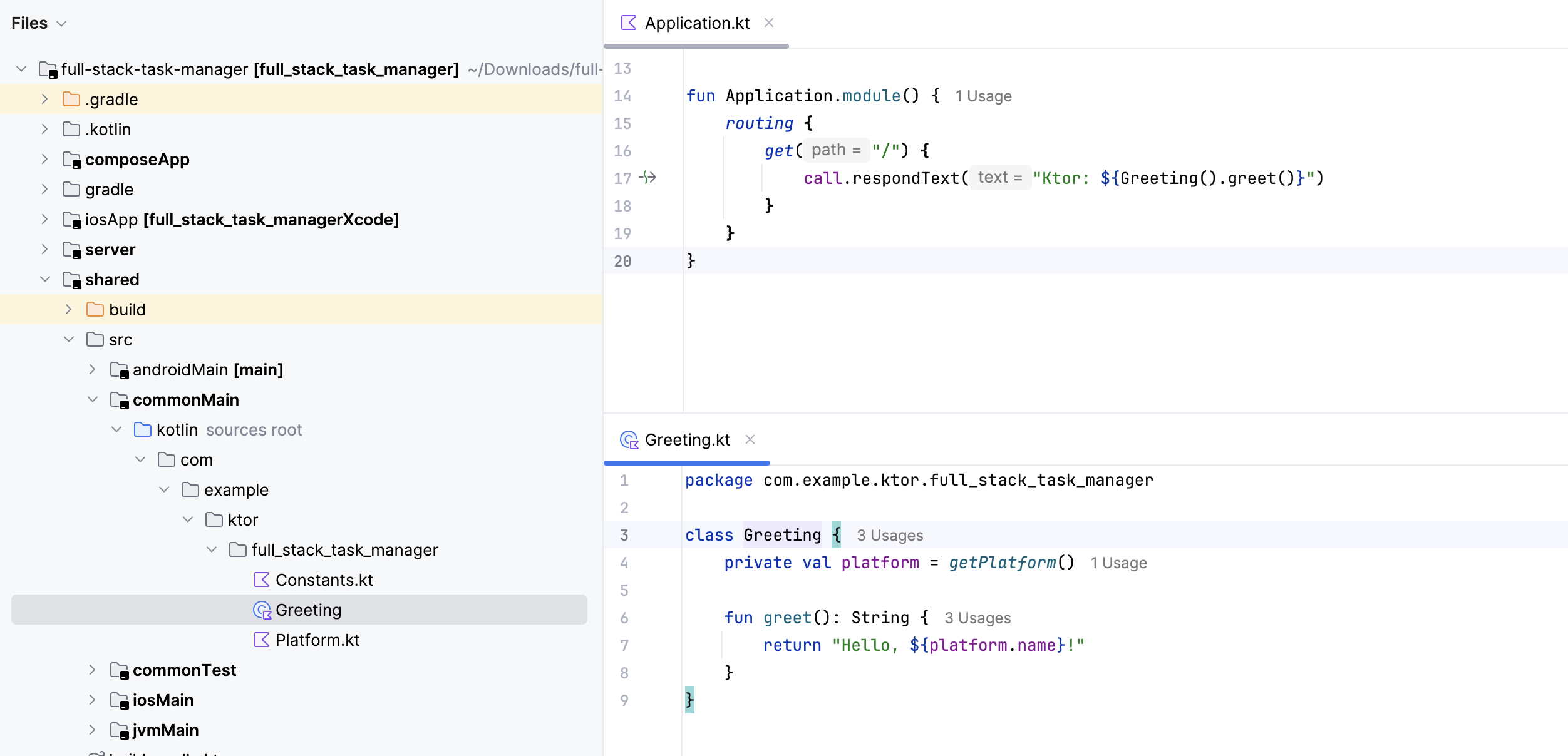 在 IntelliJ IDEA 中打开的 Greeting.kt 和 Platform.kt