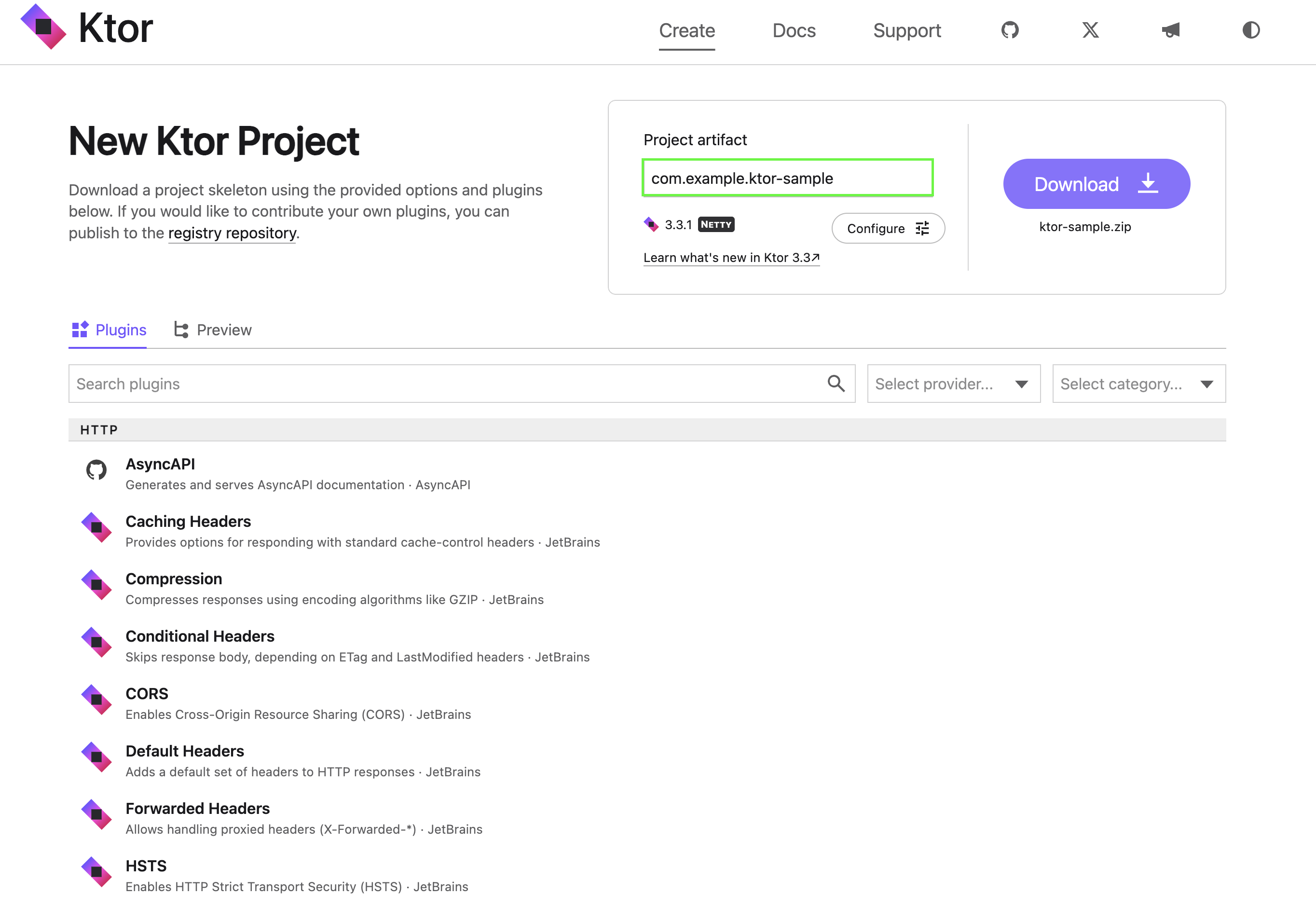 带项目构件名称 org.example.ktor-sample-app 的 Ktor 项目生成器