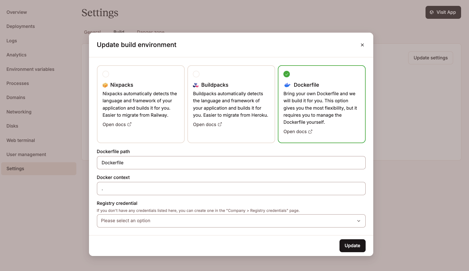 Sevalla Dockerfile settings