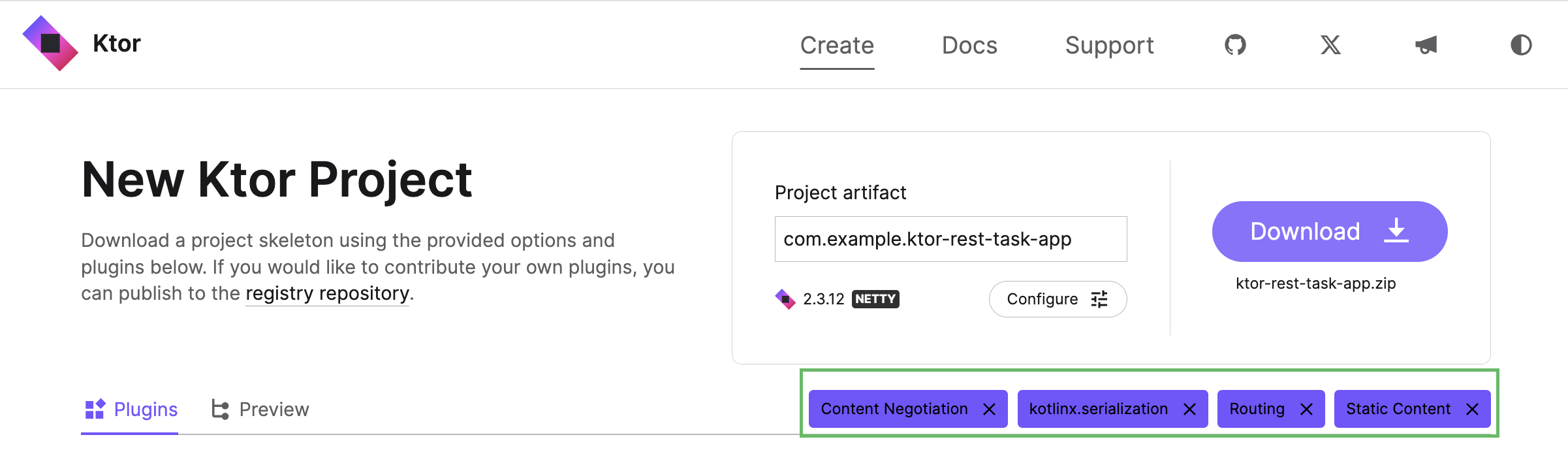 Ktor 项目生成器中的插件列表