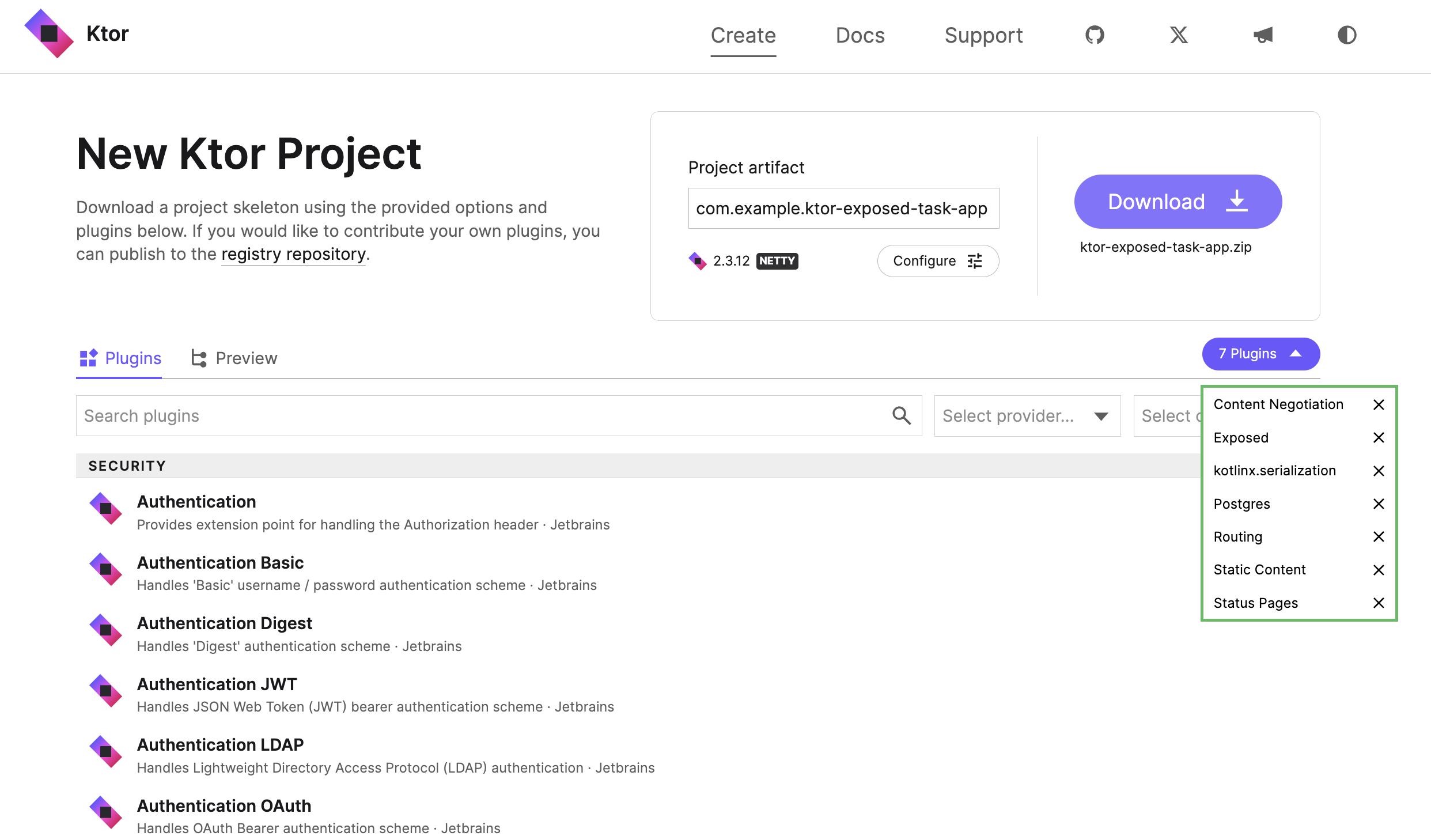 Ktor Project Generator 中的插件下拉列表