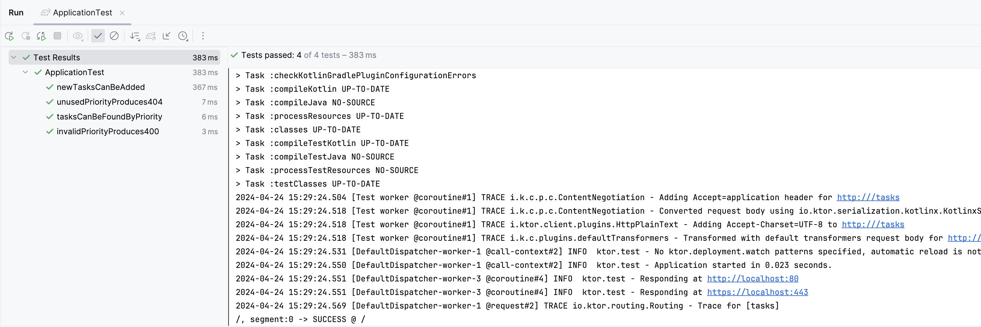 IntelliJ IDEA 的 Run 窗格中显示测试结果成功