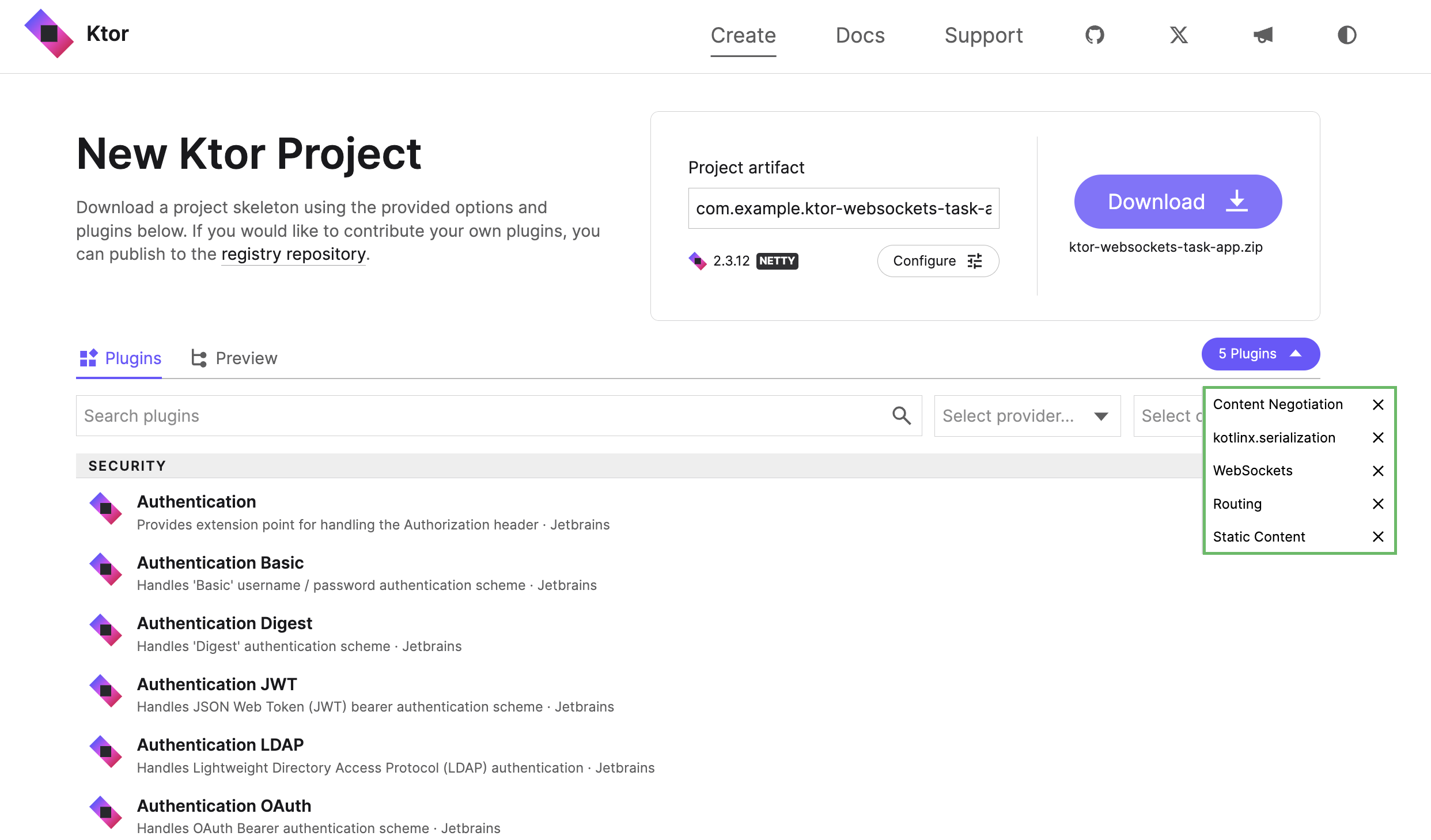 Ktor 项目生成器中的插件列表